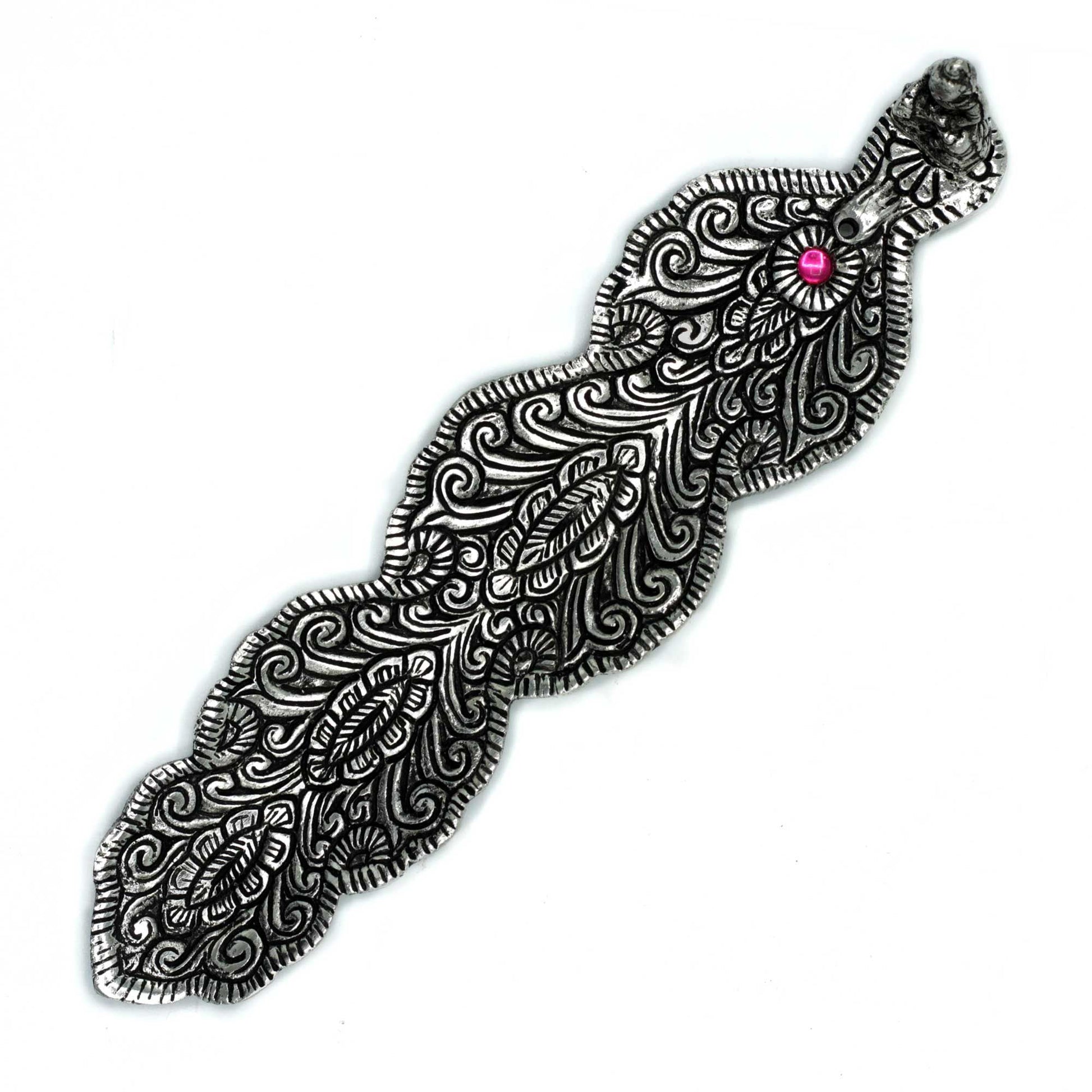 Sleek feather-shaped polished aluminium incense holder featuring a small Buddha figure on one end.