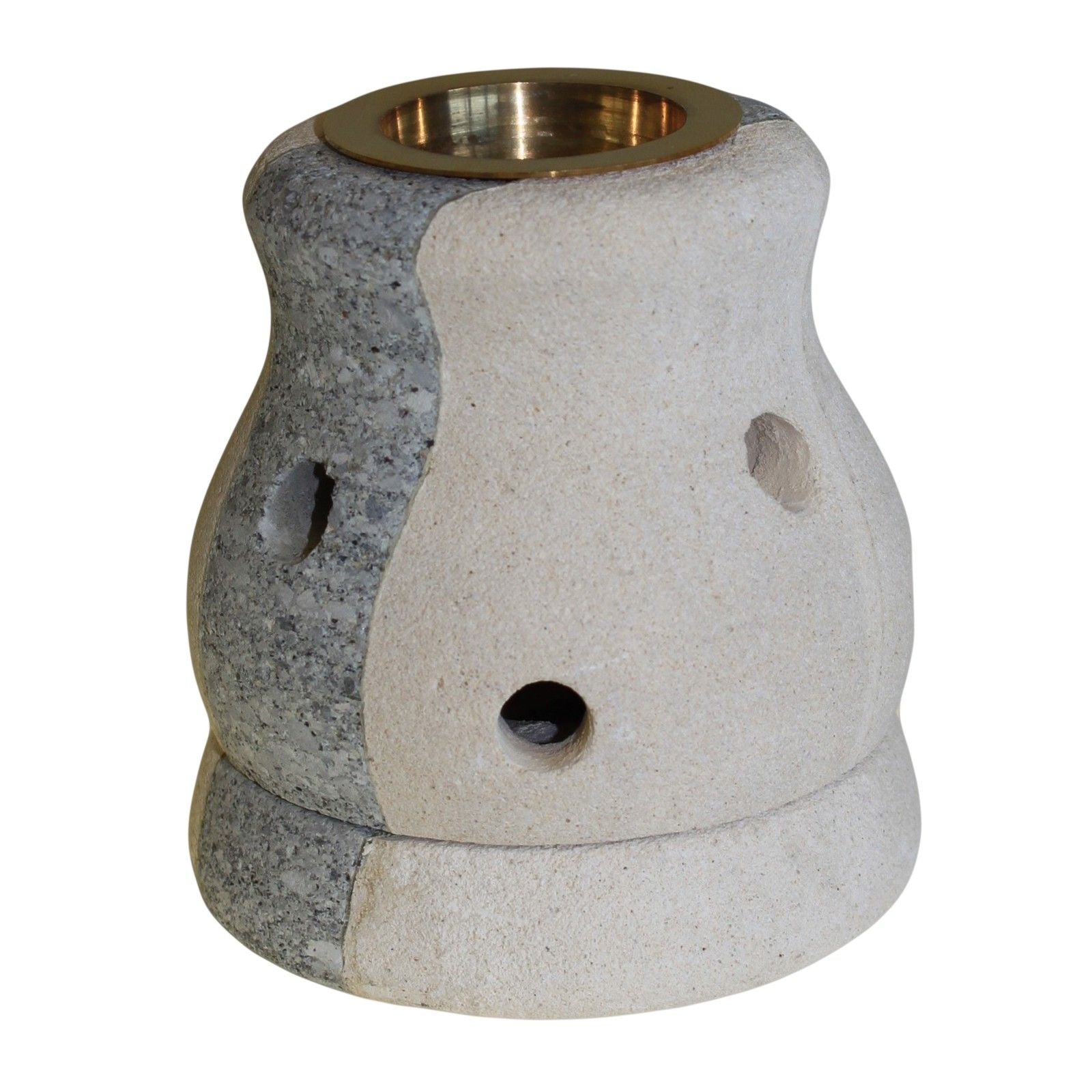 Hand-carved natural sandstone oil burner with a unique combo-shaped design and a smooth stone finish.