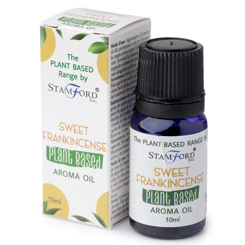 A glass bottle of Sweet Frankincense plant-based aroma oil with a minimalist label on a neutral background.
