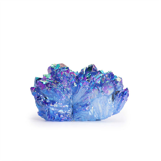 Medium sized enhanced aqua aura halo quartz crystal geode with shimmering sky blue iridescent points.