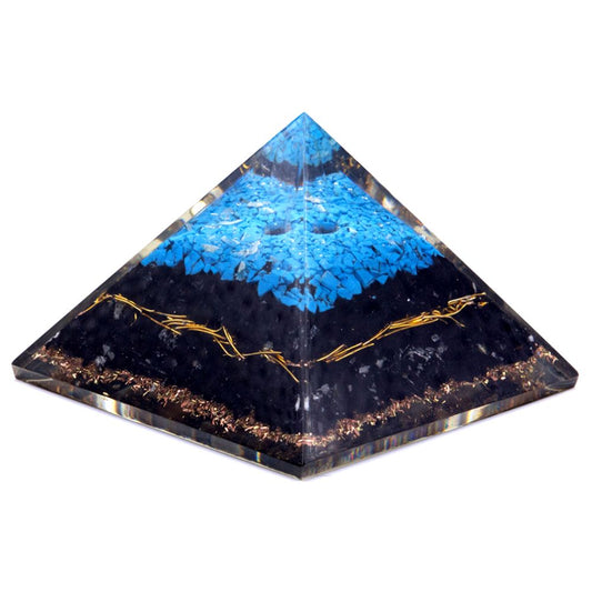 Large resin orgonite pyramid featuring layers of vibrant turquoise and protective black tourmaline crystals.