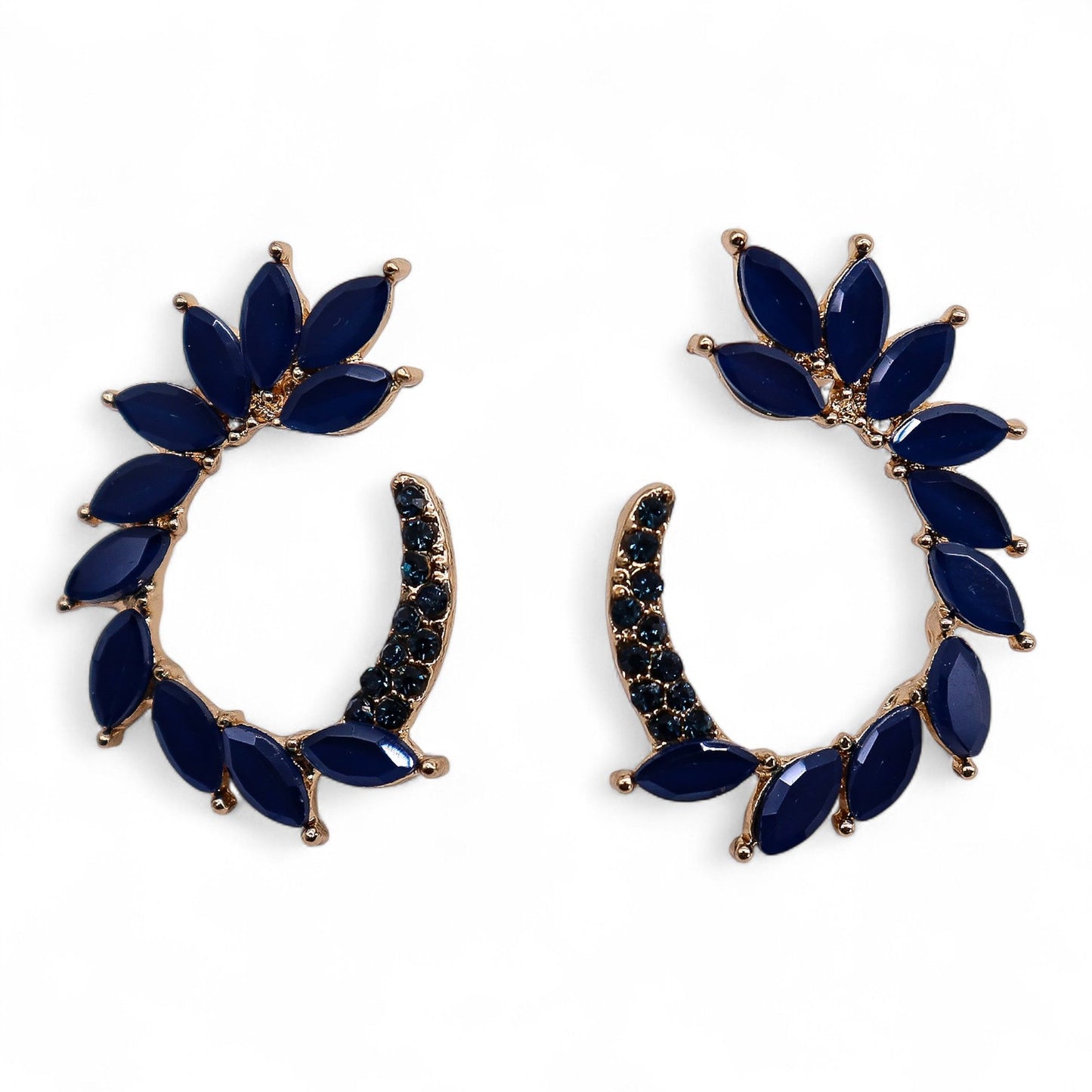 Elegant circular royal blue vintage glass earrings with stainless steel loops and smooth deep blue accents.