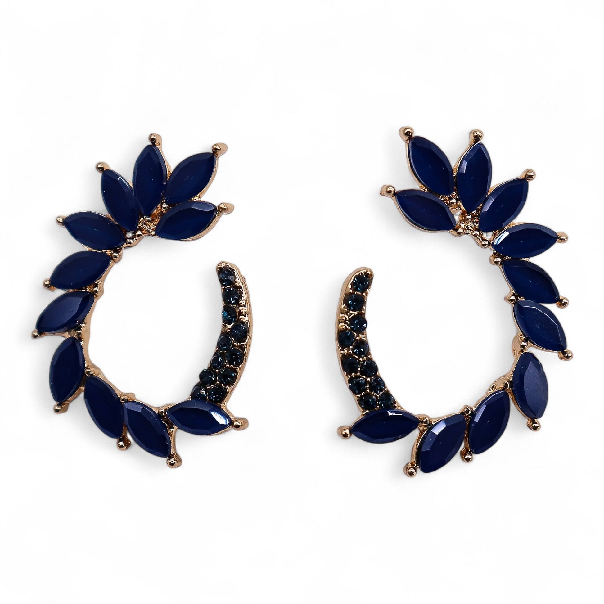 Elegant circular royal blue vintage glass earrings with stainless steel loops and smooth deep blue accents.