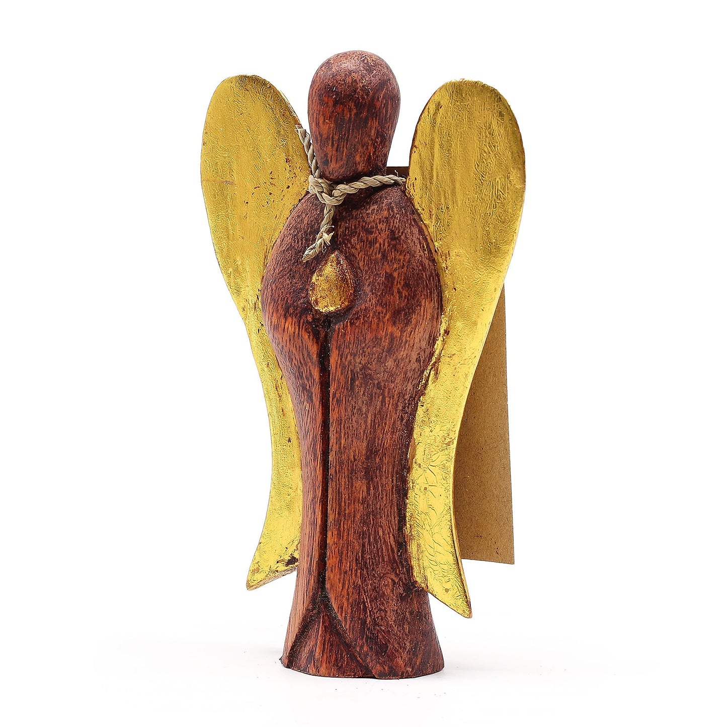 Hand-carved wooden angel figurine with 'Joy' inscribed on its back, crafted from sustainable suar wood.