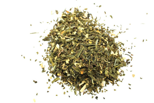 Large 1kg bag of loose leaf green tea blended with dried lemon peel and ginger pieces.