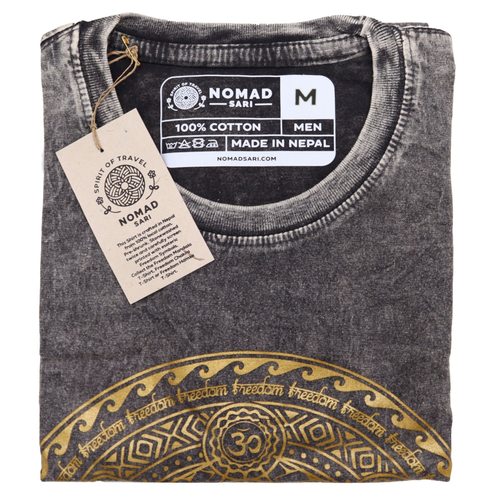 Dark grey stonewashed t-shirt with a central chakra symbol design in a relaxed fit.