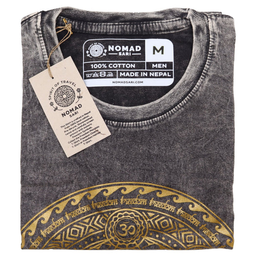 Dark grey stonewashed t-shirt with a central chakra symbol design in a relaxed fit.
