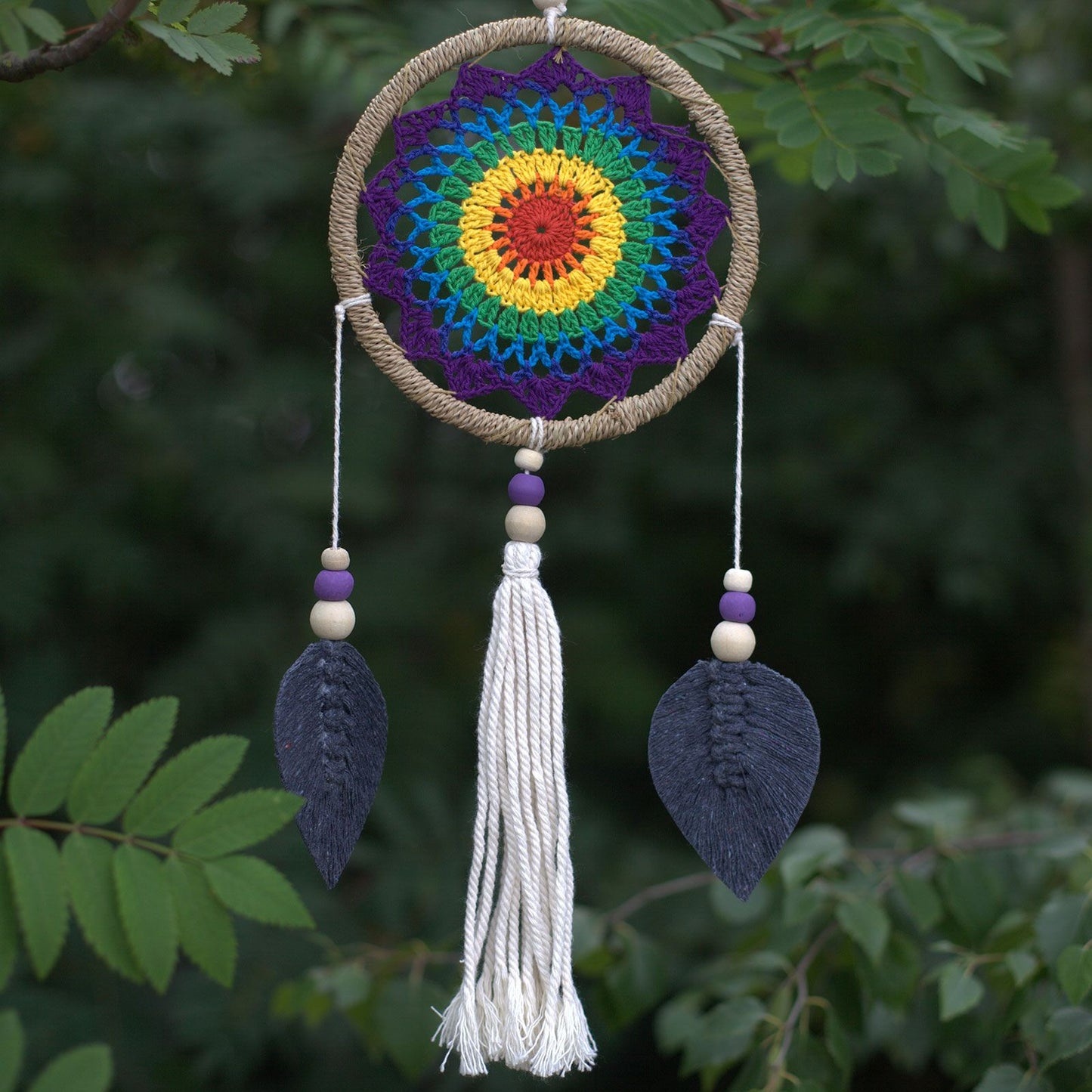 Medium-sized handmade dream catcher with a vibrant rainbow web and natural hanging elements, no feathers.