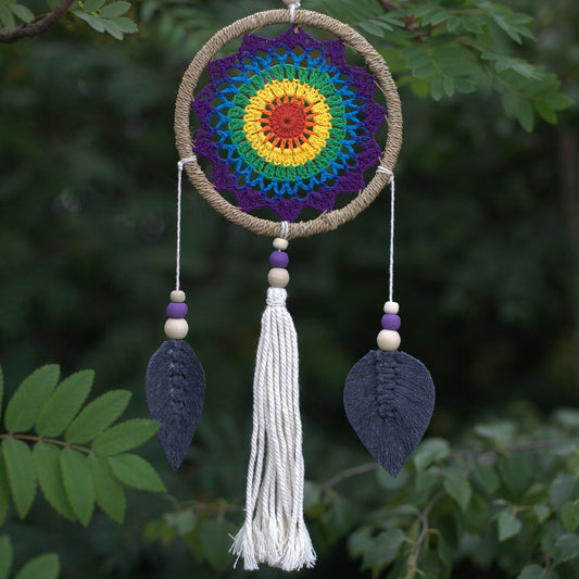 Medium-sized handmade dream catcher with a vibrant rainbow web and natural hanging elements, no feathers.