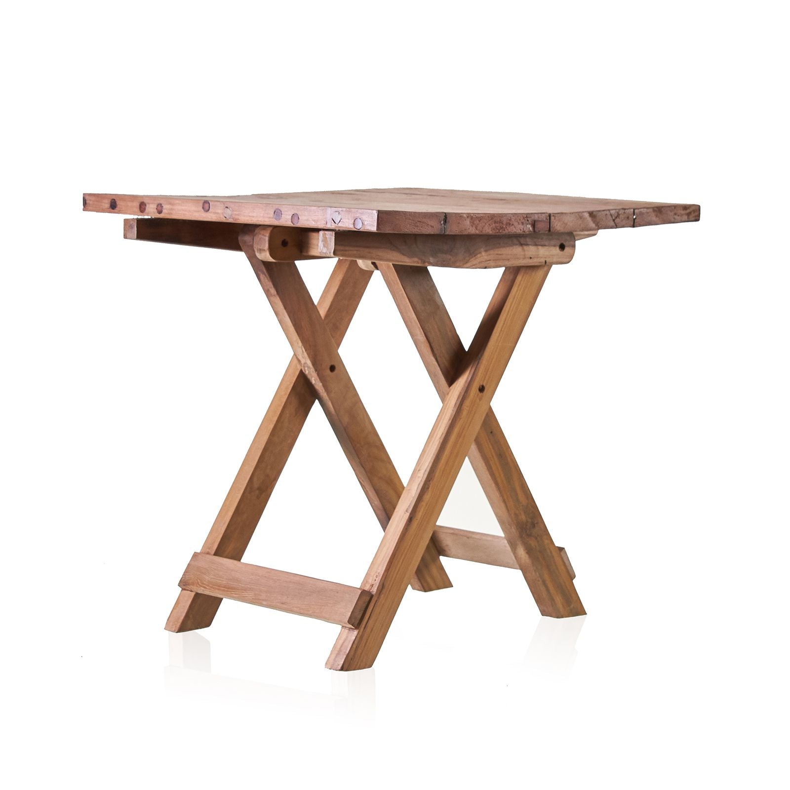 Handcrafted square folding coffee table made from rustic upcycled teak wood planks.