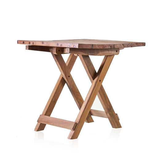Handcrafted square folding coffee table made from rustic upcycled teak wood planks.