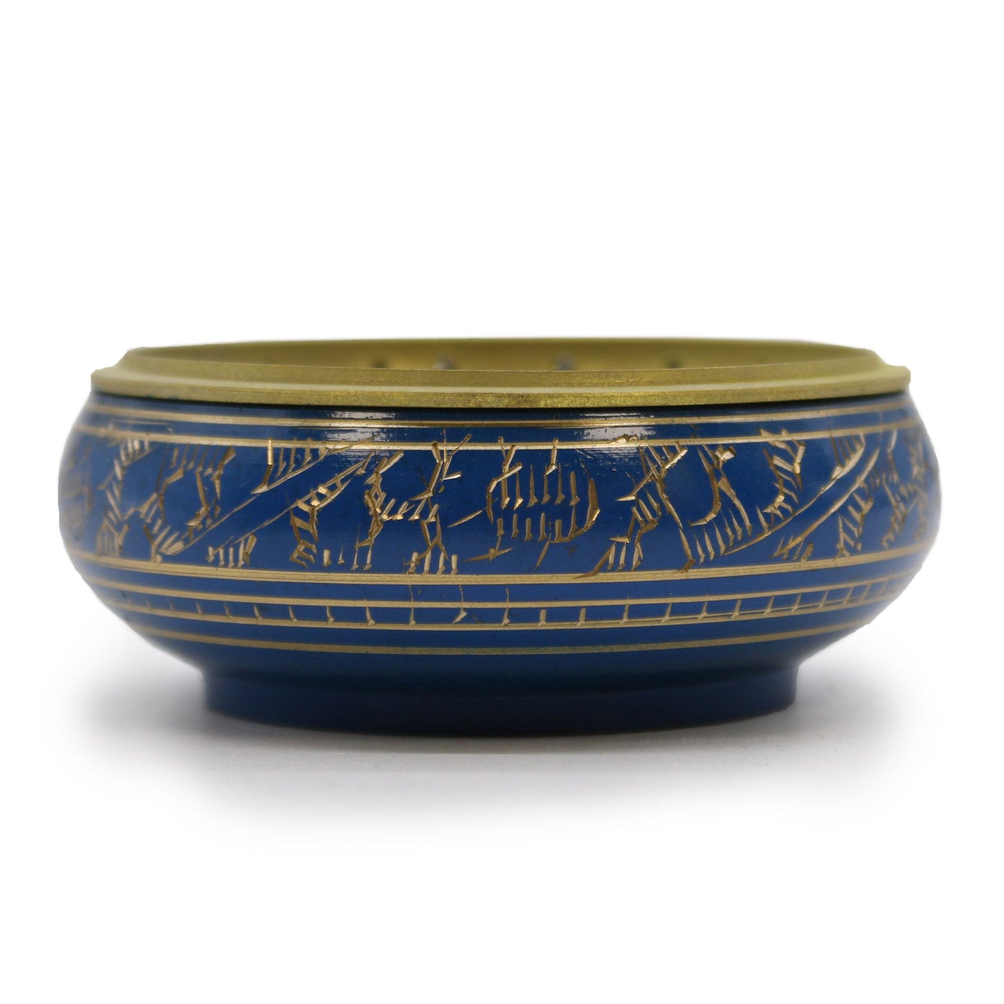 Beautiful blue charcoal incense jar with golden patterns and a removable metal grate for resin.