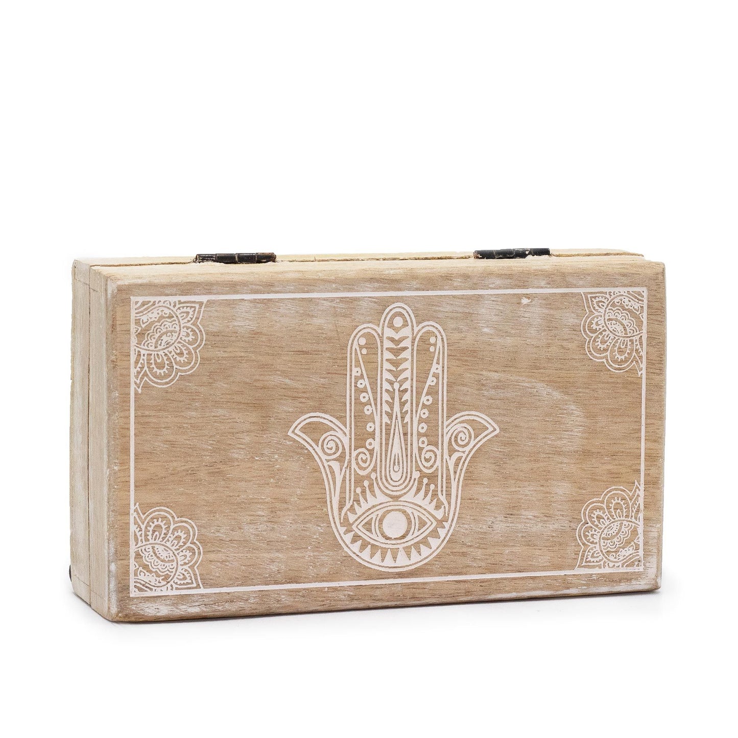 Small square wooden box with a white-washed finish featuring a hand-carved Hamsa symbol on the lid.
