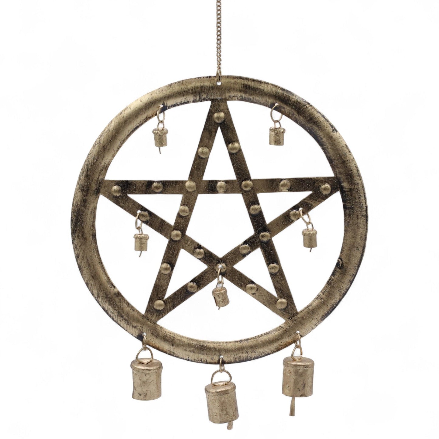 Handcrafted iron pentagon-shaped chime with a five-pointed star design and small melodic cow bells in antique brass finish.