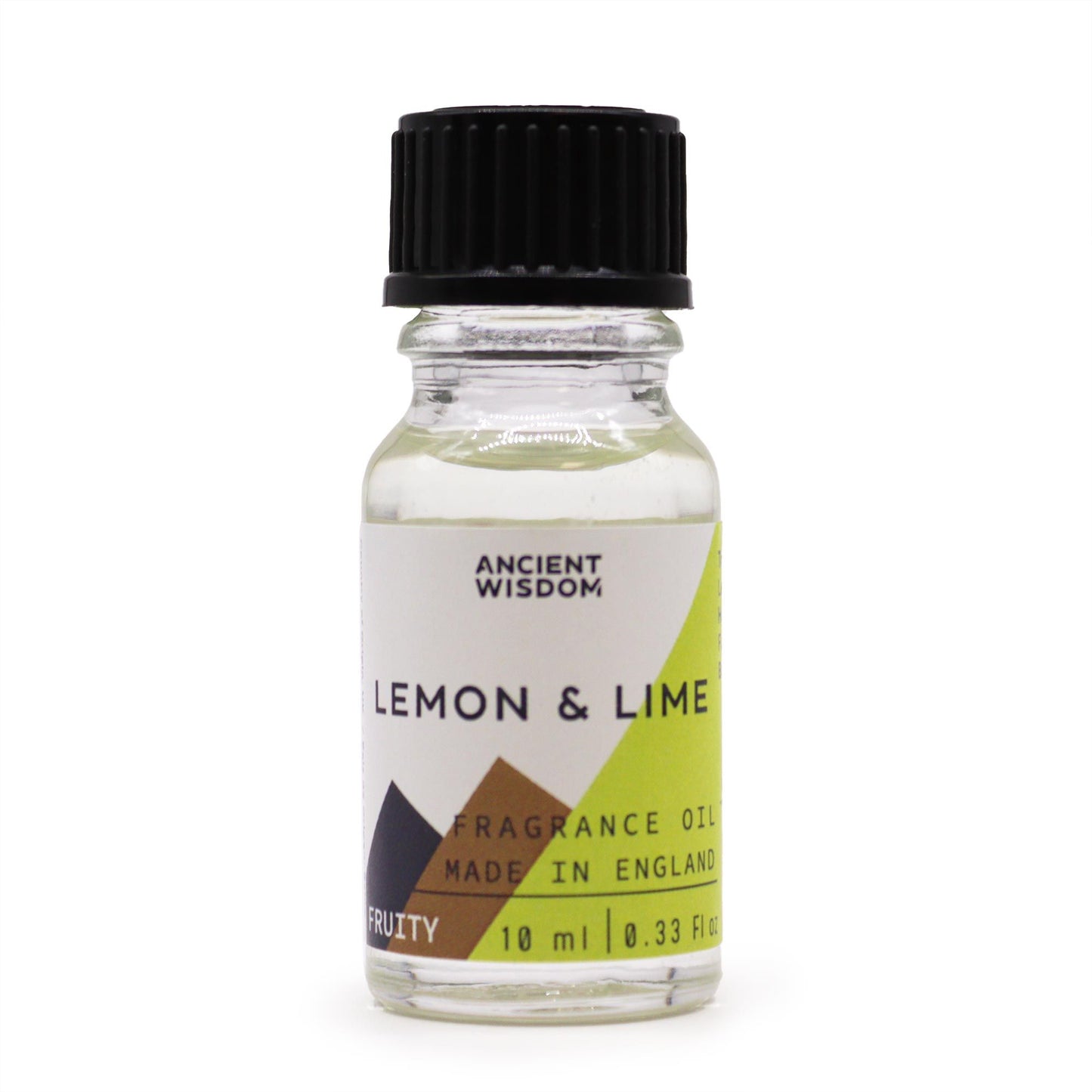 Small amber glass bottle of lemon and lime fragrance oil with a white label and black screw cap.