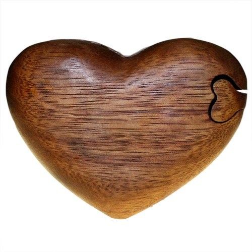 Hand-carved heart-shaped Sheesham wood puzzle box with a smooth polished finish.