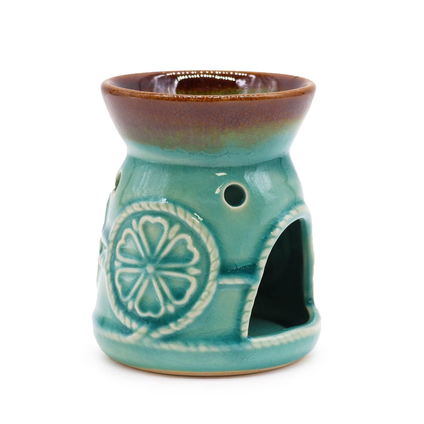 Elegant turquoise ceramic oil burner with a classic spa-inspired design and glossy finish.