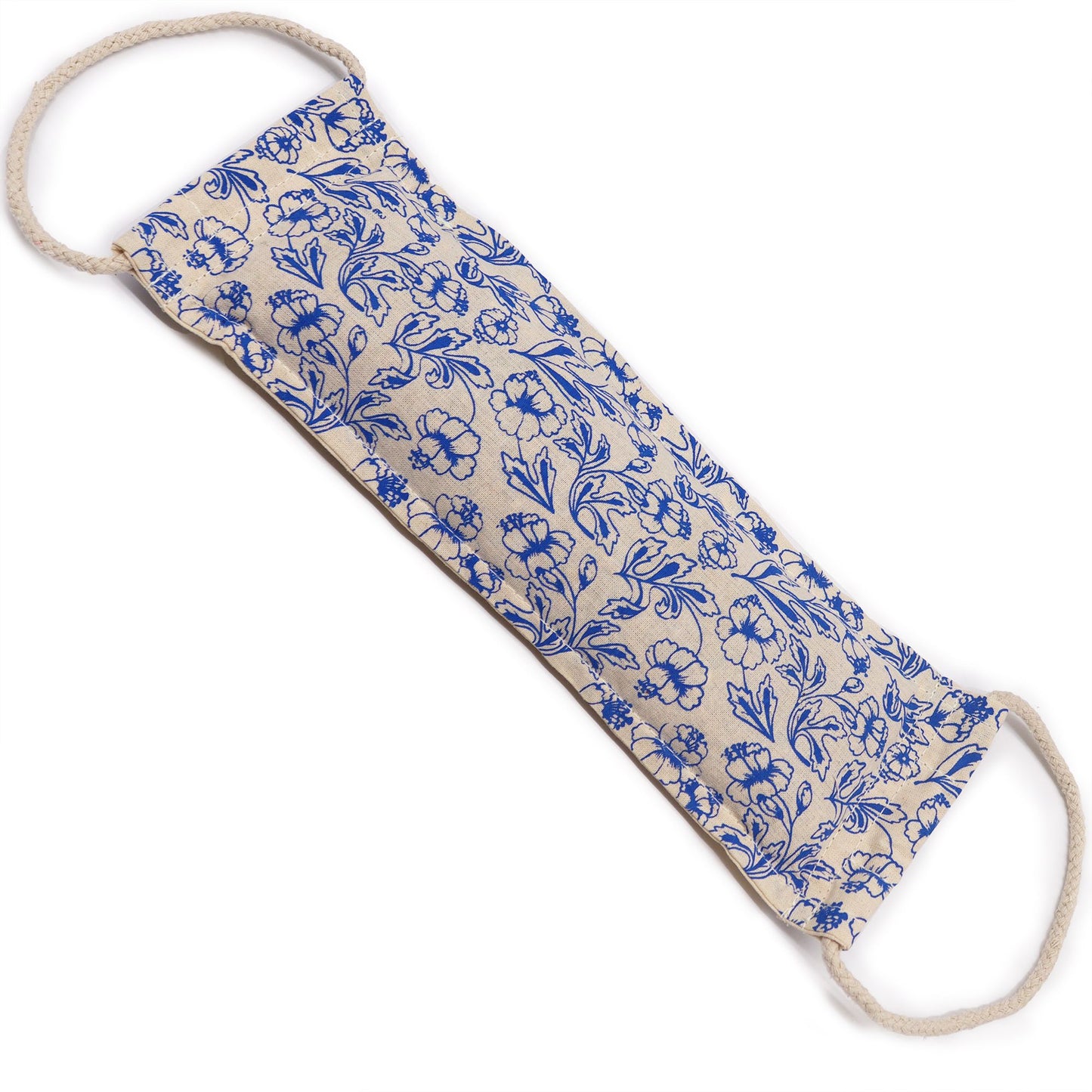 Blue natural cotton wheat bag with a rustic rope handle for targeted heat therapy and relaxation.