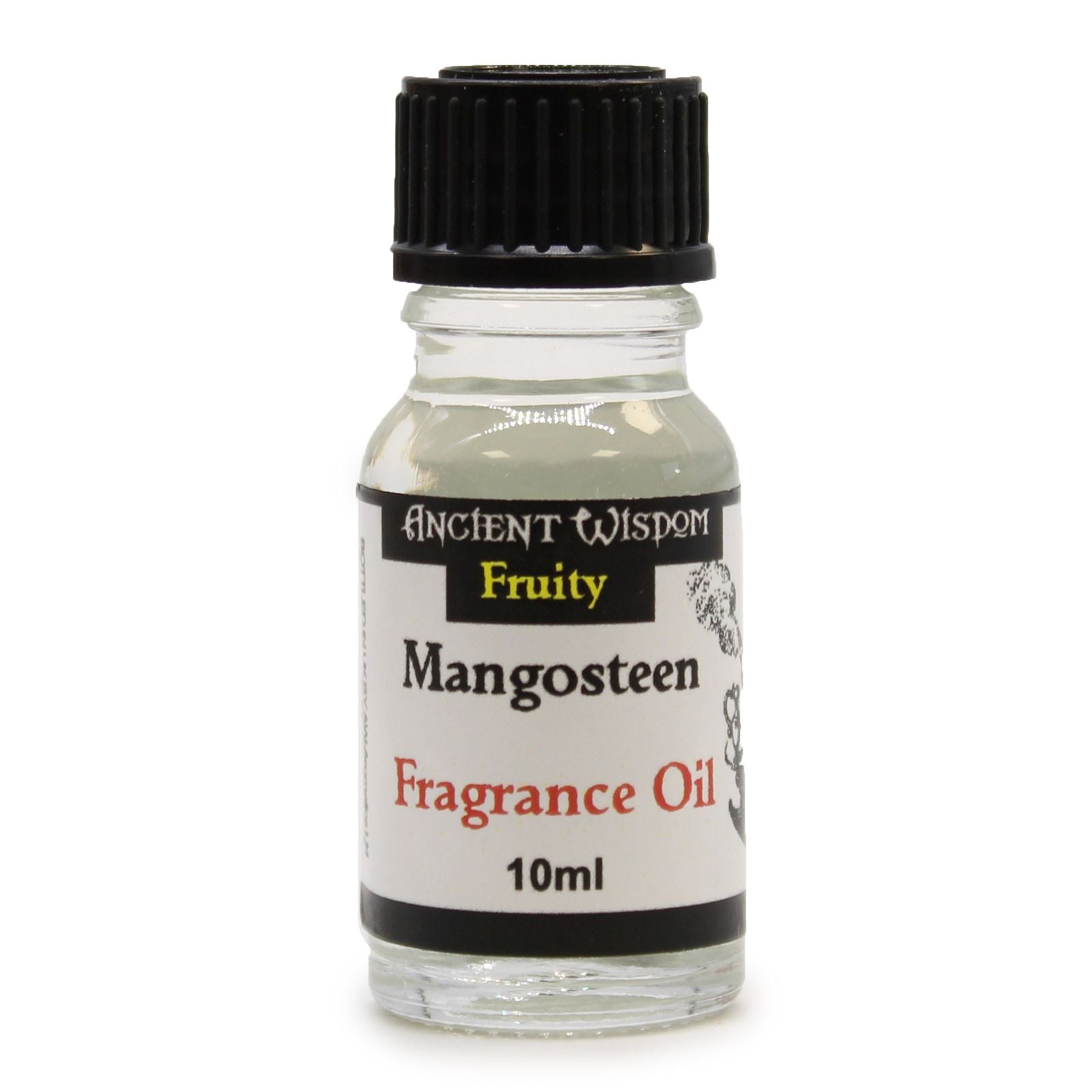 Small amber glass bottle of mangosteen fragrance oil with a black dropper cap and a minimalist white label.