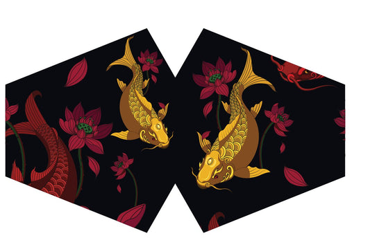 Fashionable adult face mask featuring a vibrant golden fish pattern on breathable fabric.
