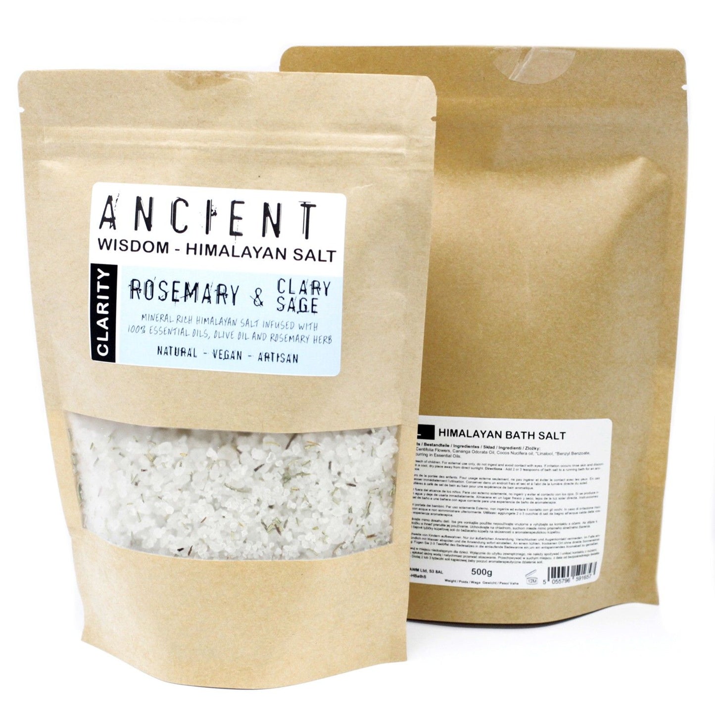 Mineral-rich pink Himalayan bath salts blended with dried rosemary herbs in a clear glass jar.