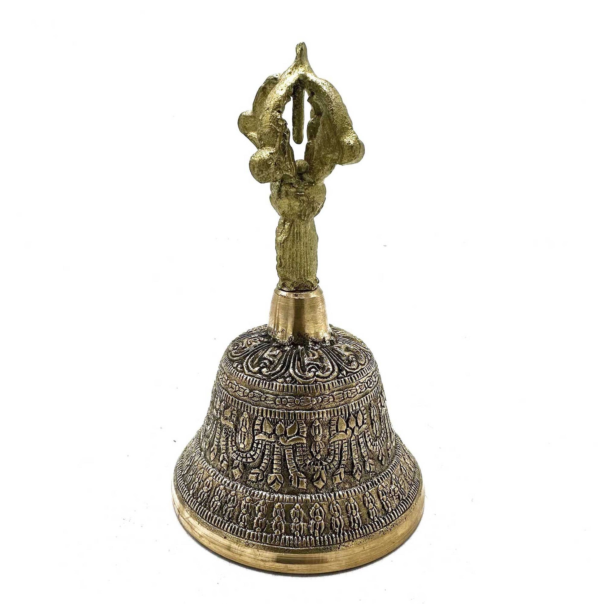 Large traditional Tibetan Tingsha cymbal bells connected by a leather strap for meditation and sound healing.