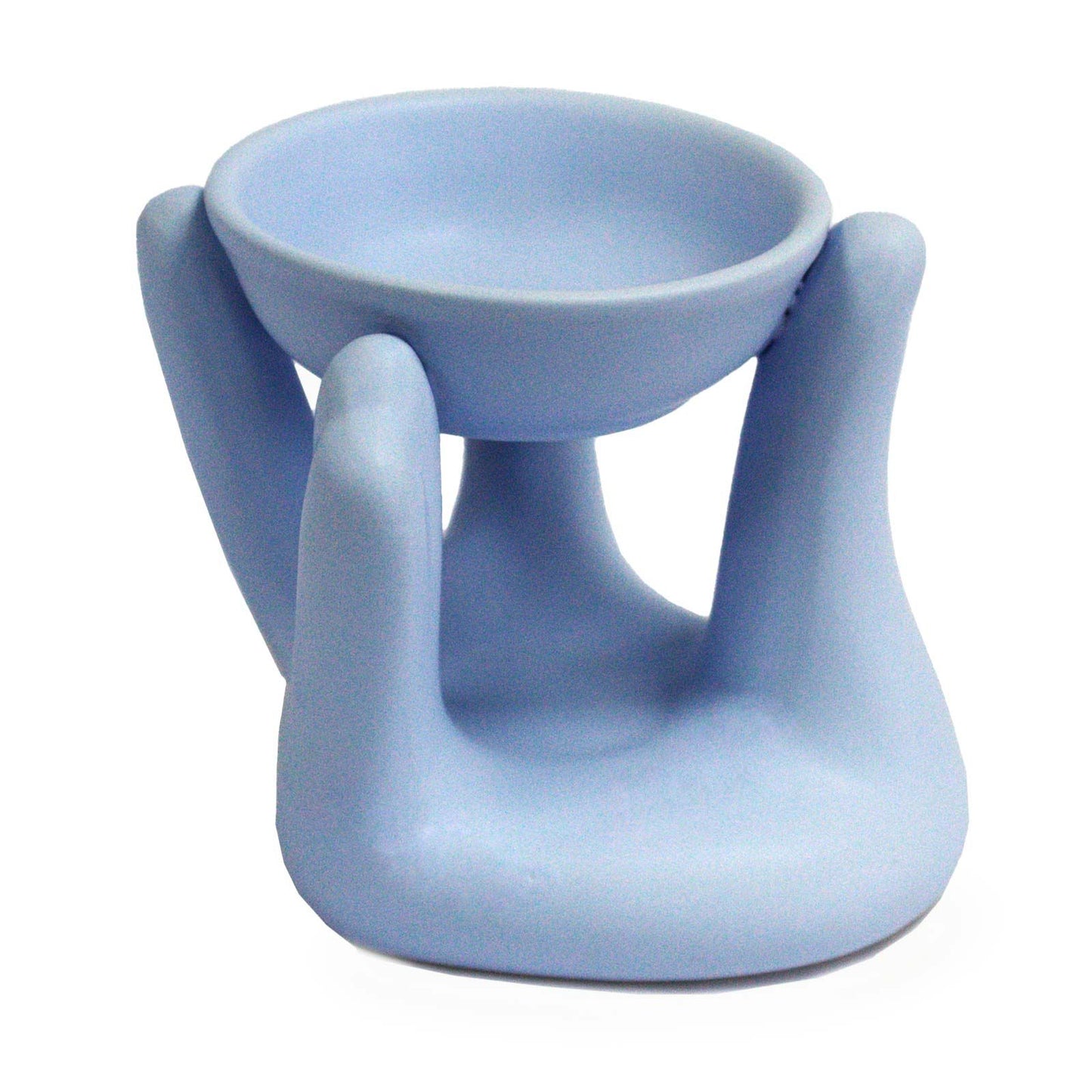 Contemporary blue ceramic oil burner shaped like a pair of cupped open hands.
