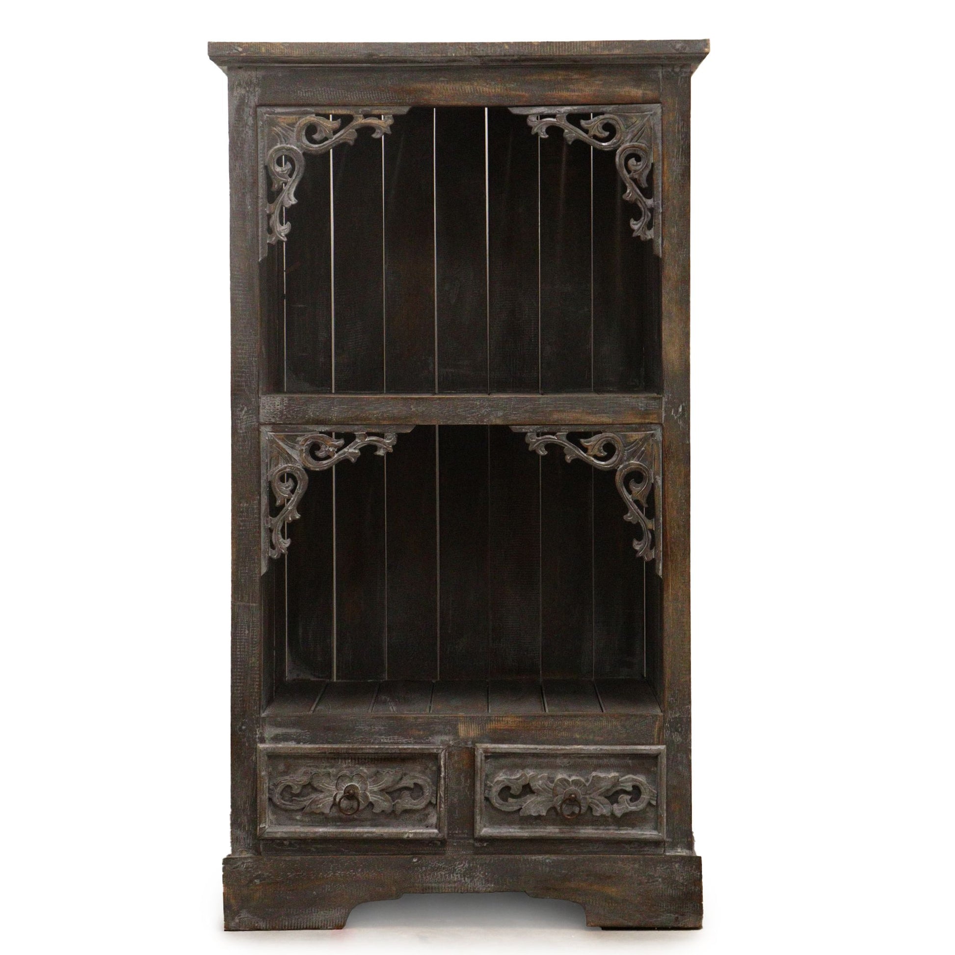 Tall wooden bathroom cabinet with a greywash finish, featuring multiple drawers and a cupboard door for storage.