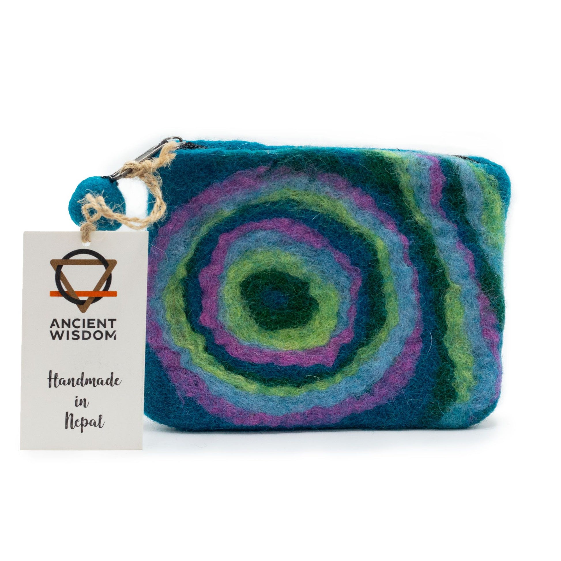 Handmade natural felt pouch with a vibrant psychedelic pattern and a secure top zipper.