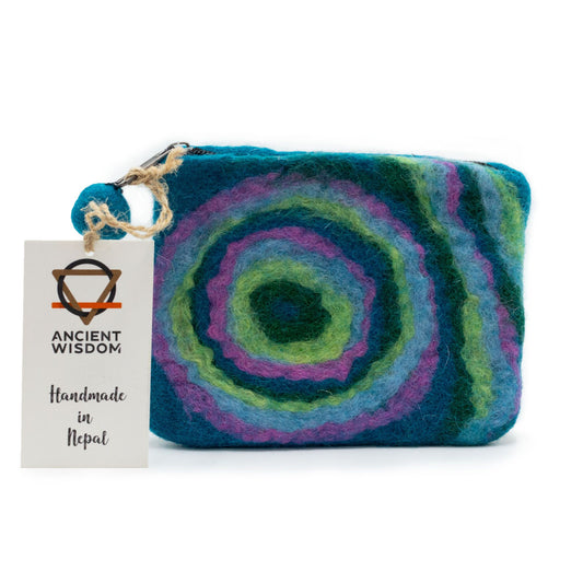 Handmade natural felt pouch with a vibrant psychedelic pattern and a secure top zipper.