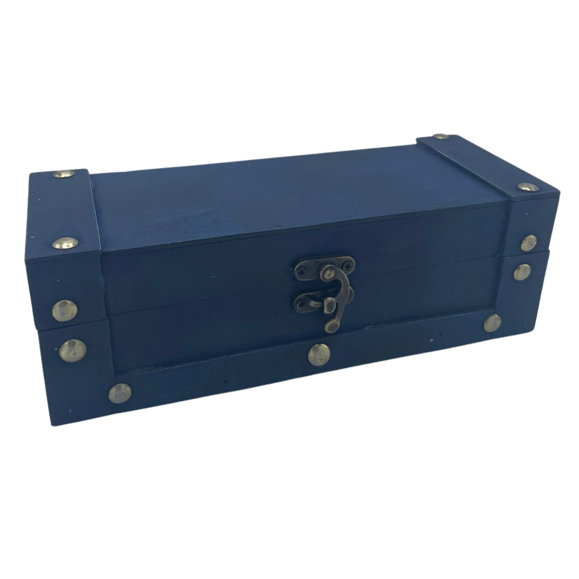 Elegant long wooden tea chest in a vibrant teal finish with a vintage-inspired design and multiple compartments.