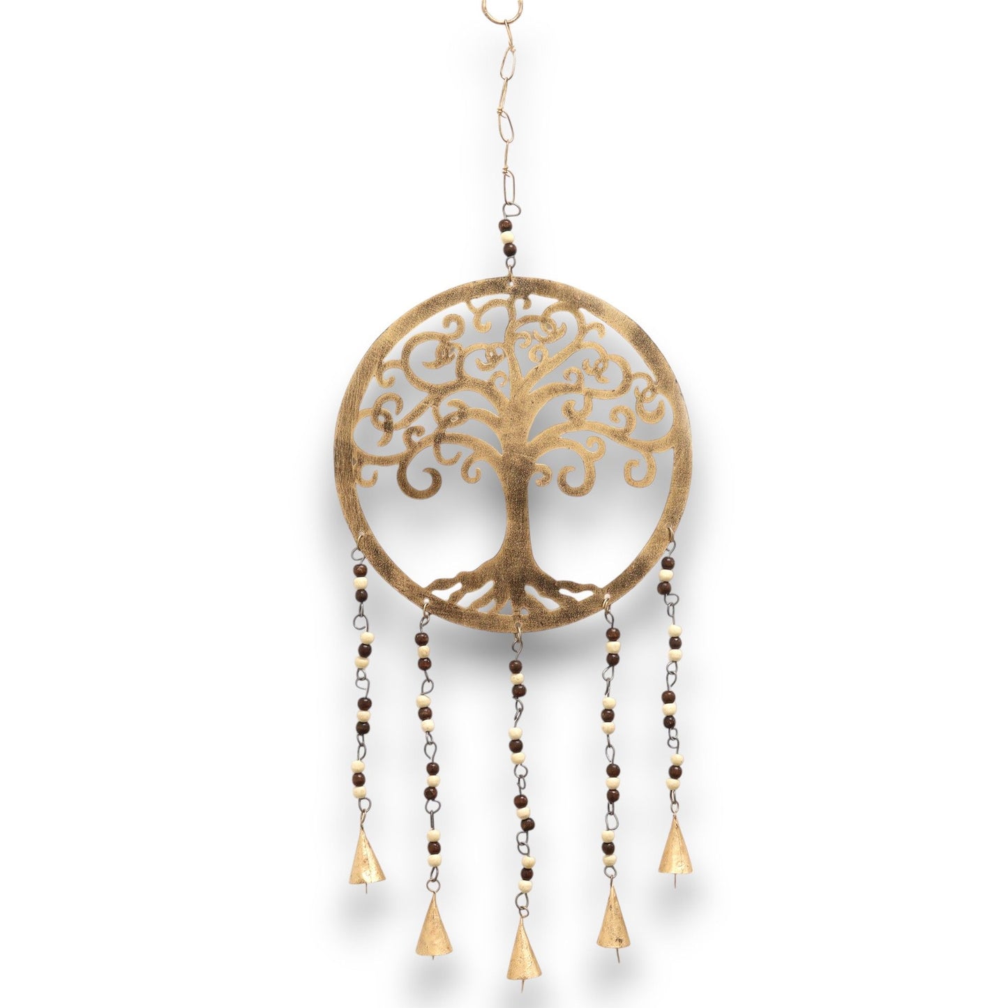 Large brass wind chime featuring a detailed Tree of Life design with hanging bells and vibrant multicoloured beads.