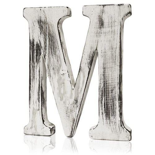 Hand-carved white-wash mango wood alphabet letter M with a distressed shabby chic finish.