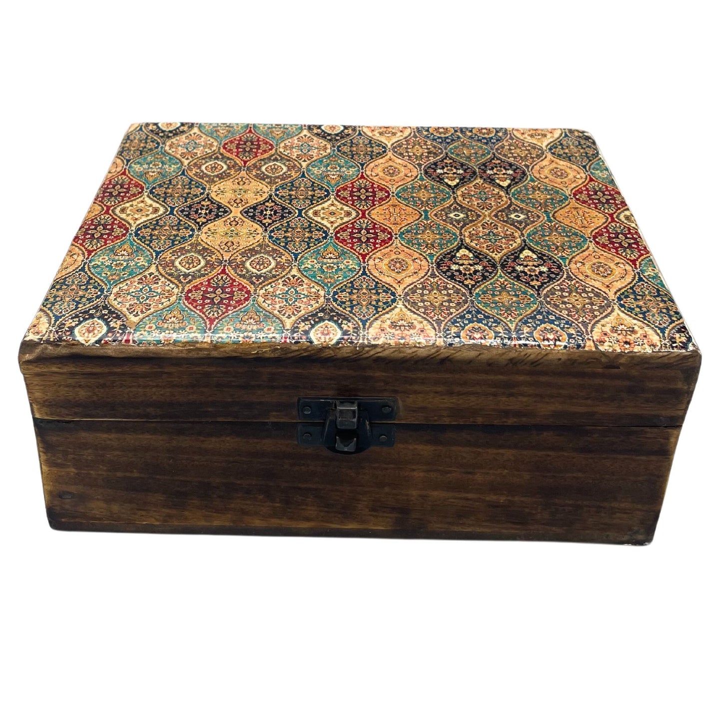 Large wooden storage box with a beautiful blue and white traditional patterned ceramic glazed lid on a dark wood base.