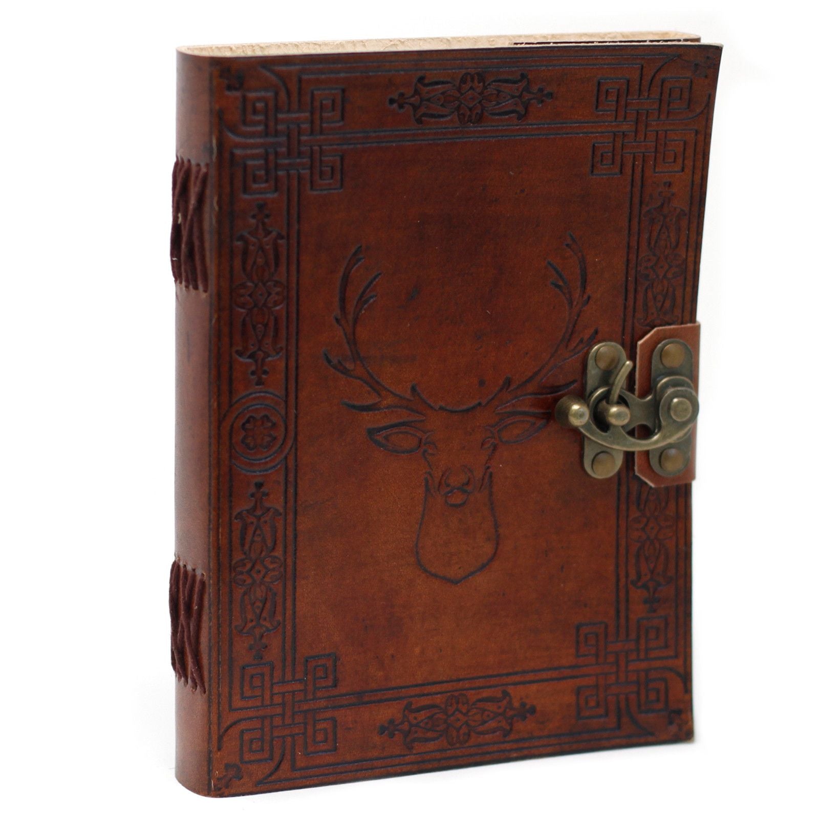 Vintage style leather notebook featuring an embossed stag design with metal clasps and a wrap-around thong.