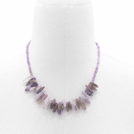 Elegant longstone necklace featuring polished deep purple amethyst gemstones on a delicate silver-tone chain.