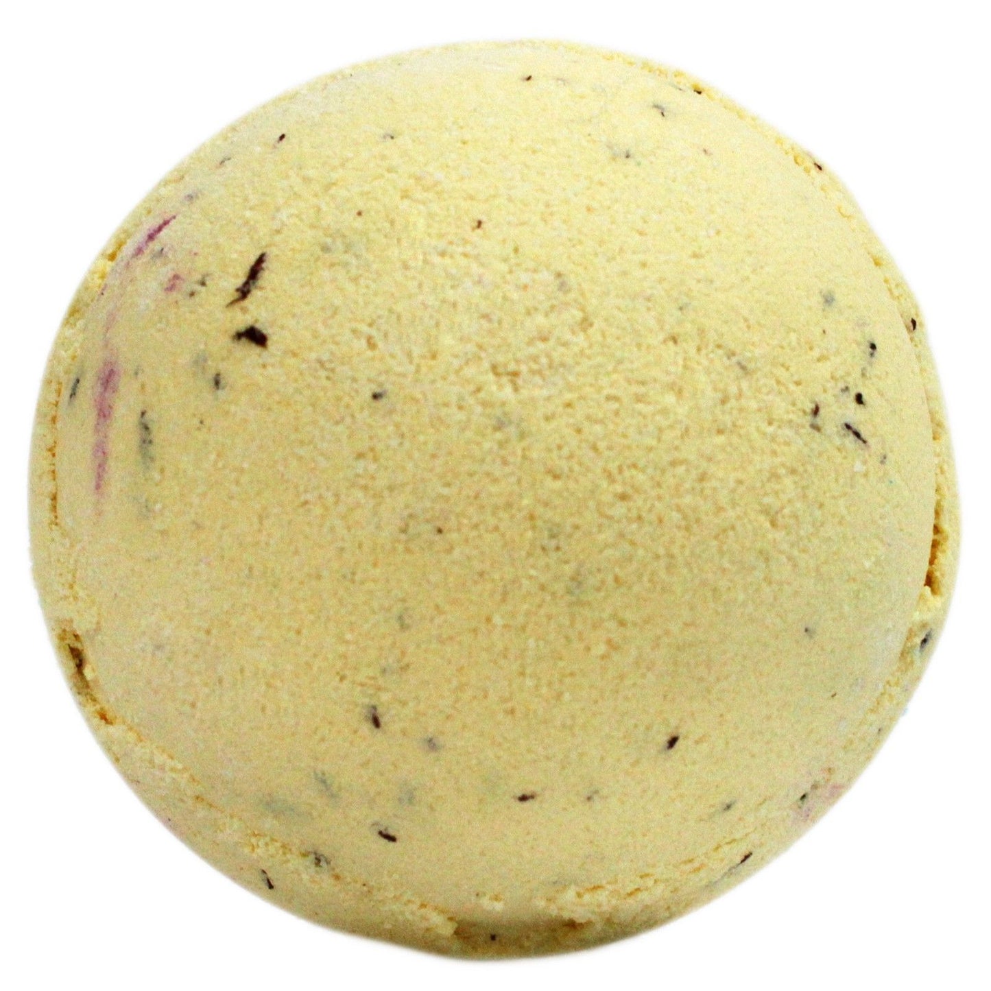 Large round bath bomb with a creamy yellow and light brown swirl, resembling a banoffee pie dessert.