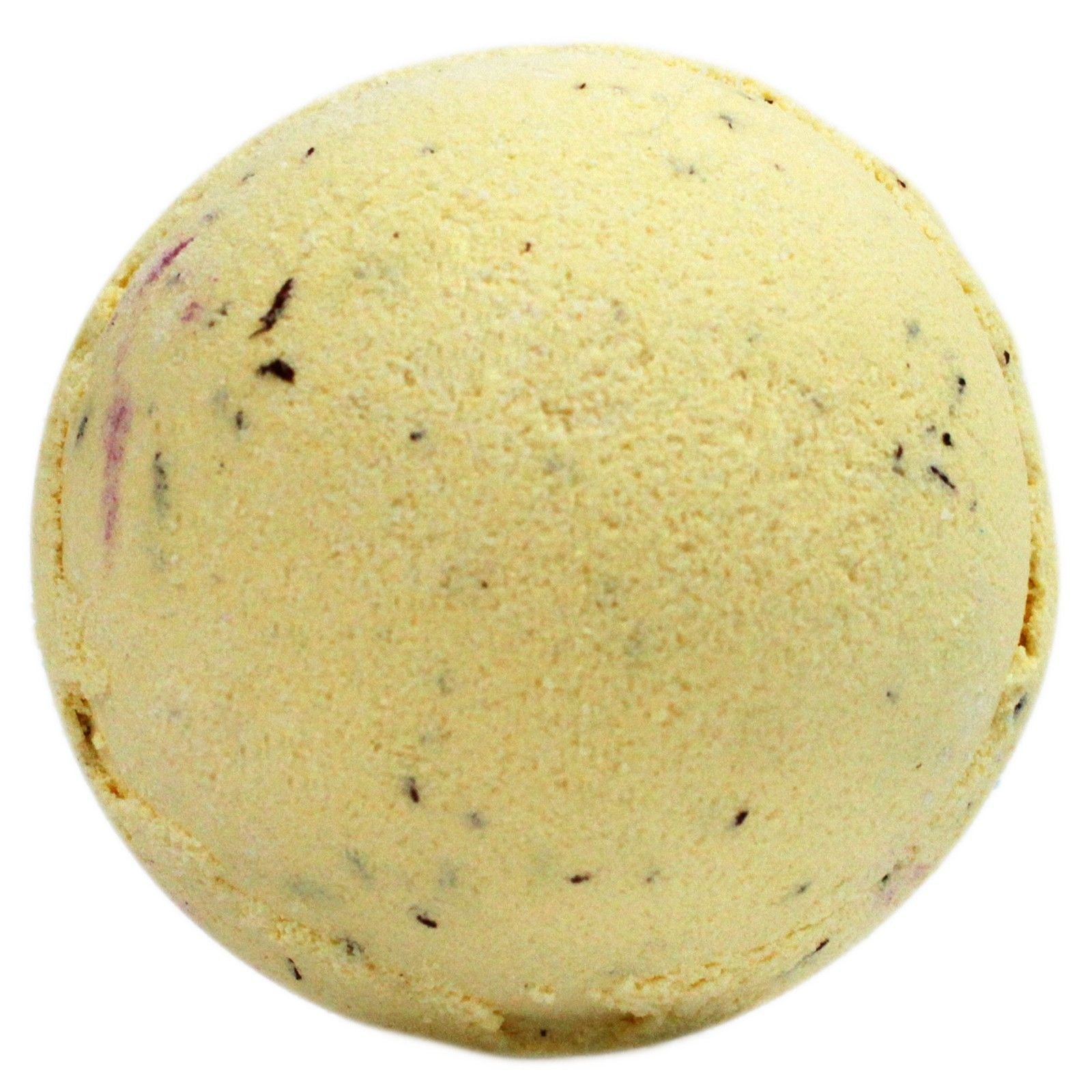 Large round bath bomb with a creamy yellow and light brown swirl, resembling a banoffee pie dessert.