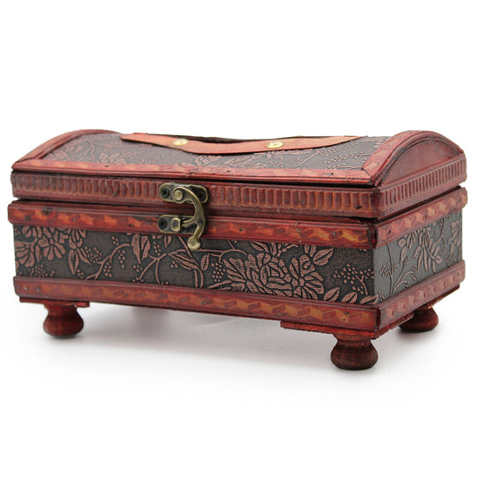 Vintage style wooden tissue box with an aged antique finish, decorative brass fittings, and elegant curved legs.