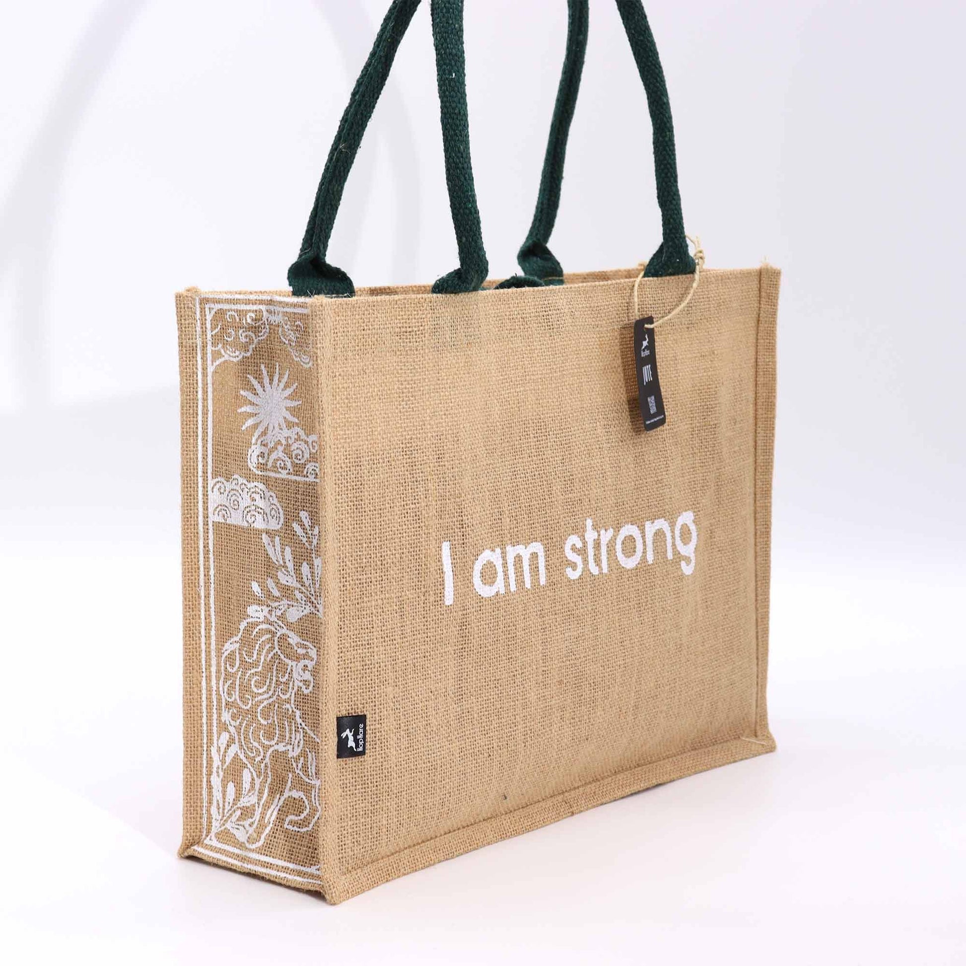 Large natural jute tote bag featuring a majestic printed lion design with decorative patterns.
