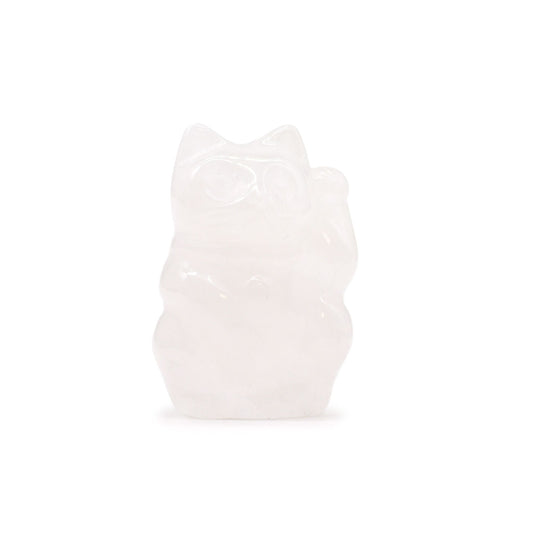 Hand-carved pink rose quartz gemstone figurine in the shape of a traditional Japanese lucky cat with one paw raised.