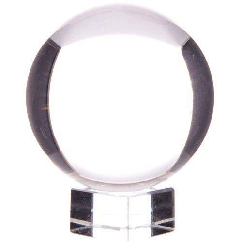 A large, clear 200mm optical glass crystal ball resting on a simple display stand.