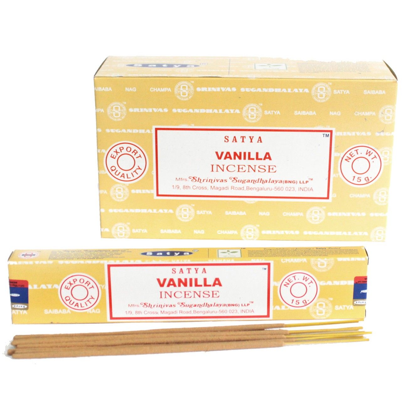 Hand-rolled vanilla incense sticks in a blue box with a yellow label showing a vanilla flower.