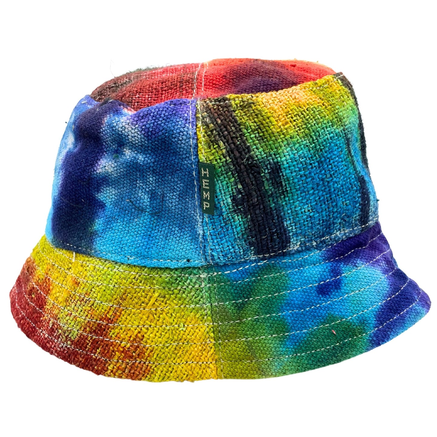 Handcrafted boho festival hat with vibrant tie-dye patterns and sustainable patched hemp and cotton fabric.