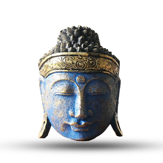 Hand-crafted blue albasia wood Buddha head statue with a serene expression and polished shine finish.
