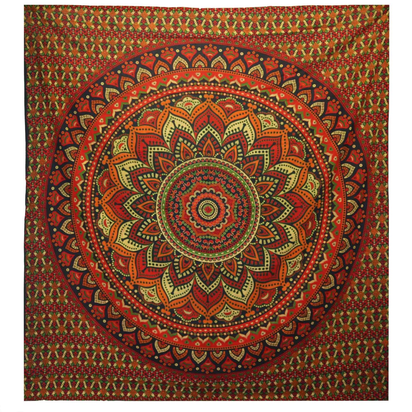 Large green cotton double bedspread and wall hanging featuring an intricate white classic mandala pattern.