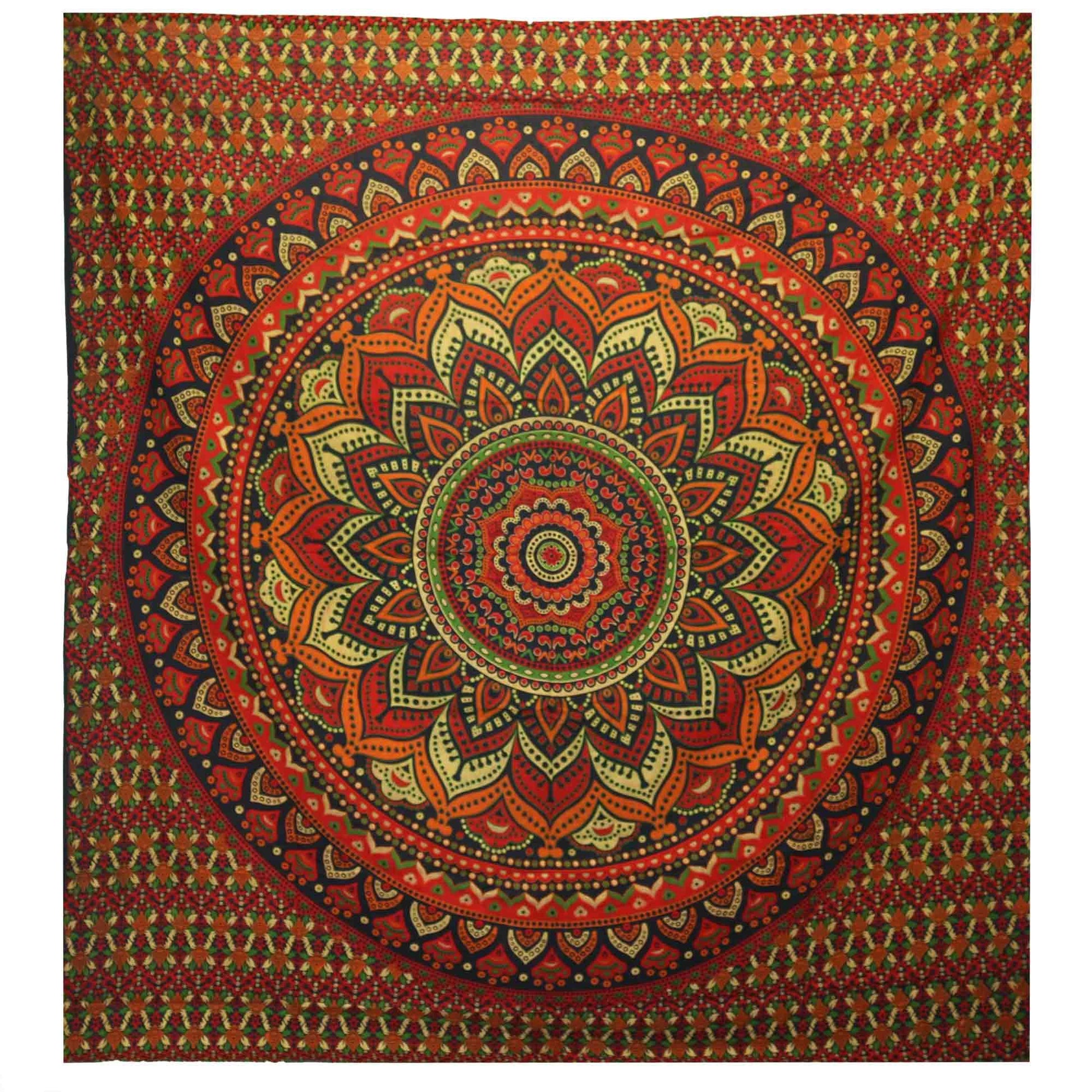 Large green cotton double bedspread and wall hanging featuring an intricate white classic mandala pattern.