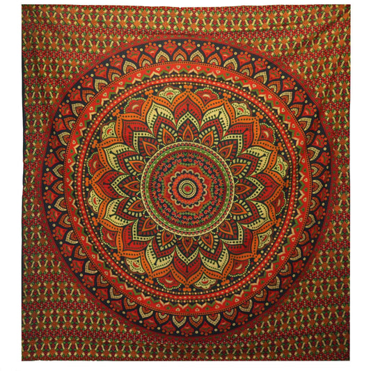 Large green cotton double bedspread and wall hanging featuring an intricate white classic mandala pattern.