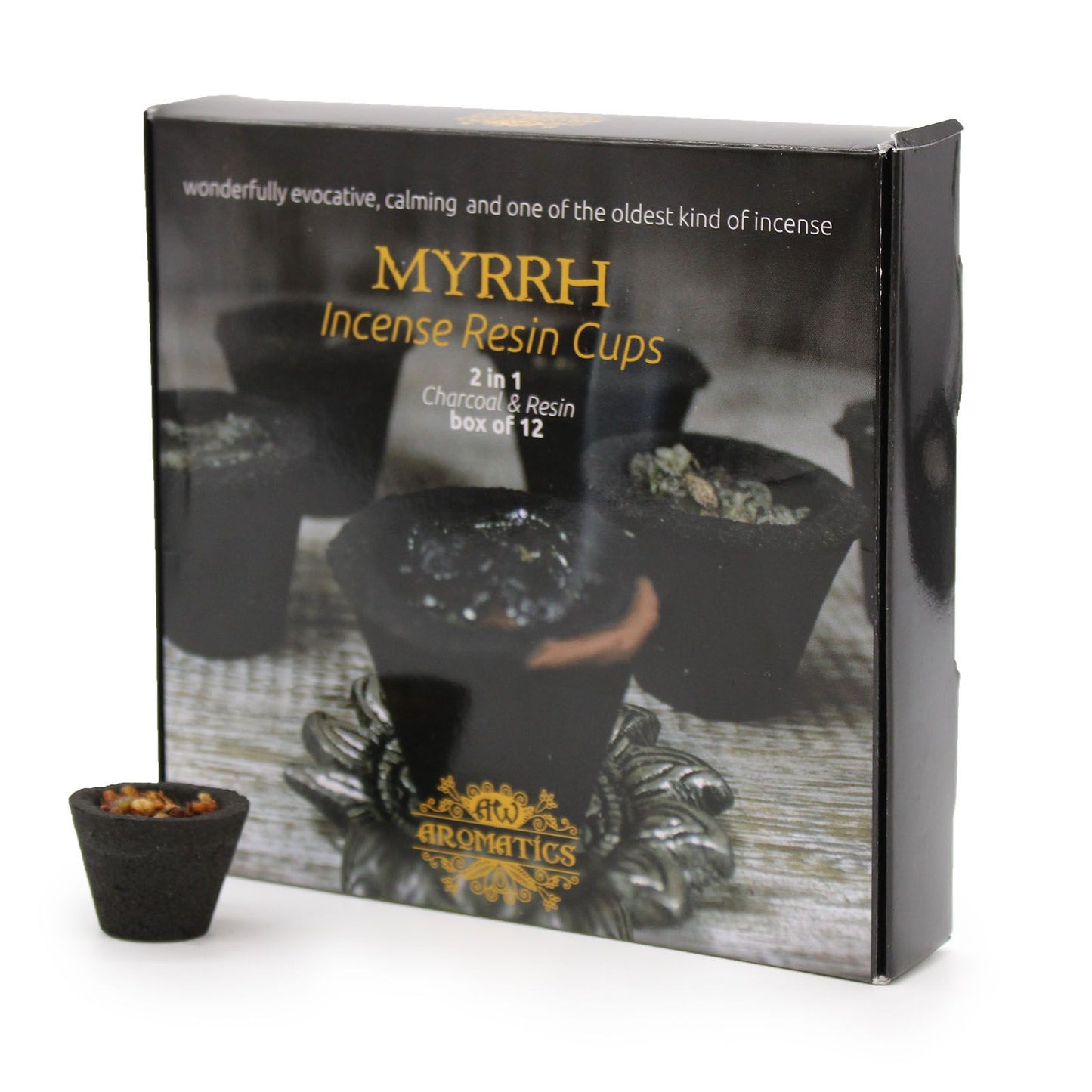 Box of twelve small charcoal resin cups filled with aromatic myrrh resin granules for traditional incense burning.