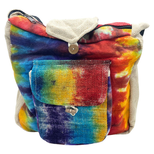 Vibrant tie-dye hemp backpack featuring a large front pocket and spacious main compartment for study essentials.
